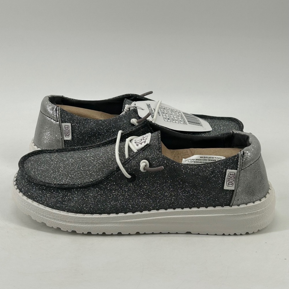 Hey Dude Wendy Metallic Sparkle Women 6 Charcoal Silver Loafers NWT 41082-025